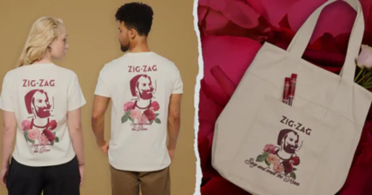 Two people wearing cream-colored Zig-Zag Smell The Roses T-shirts with floral prints, and a tote bag with matching design
