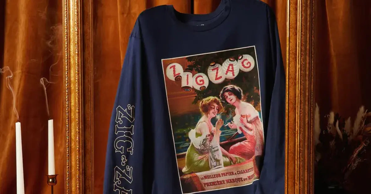 Zig-Zag long sleeve shirt hanging against a warm backdrop, showcasing vintage artwork on the chest