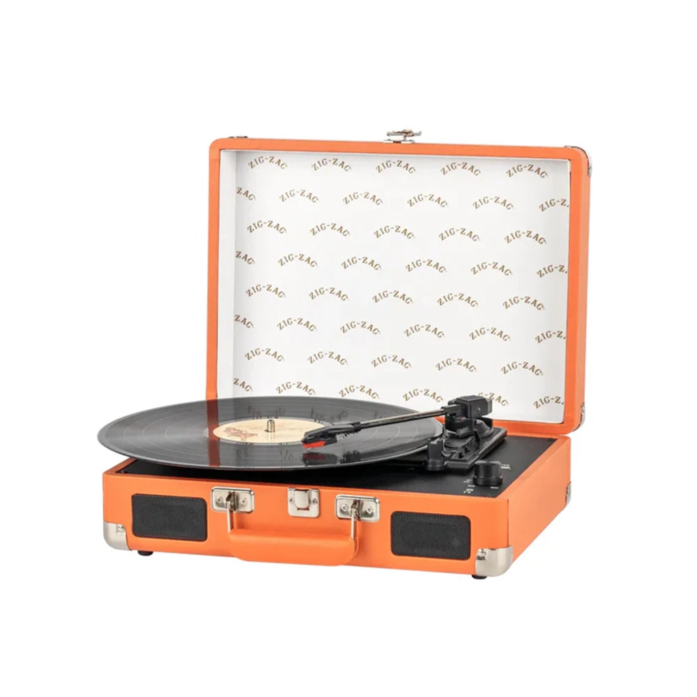 Zig Zag portable record player in an orange suitcase-style design with branded interior lid and a vinyl record on the turntable.