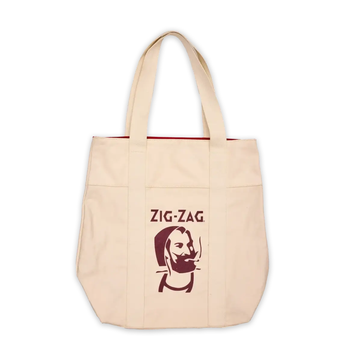 Zig-Zag cream tote bag featuring a minimalist vintage-style logo of a man smoking on the front.