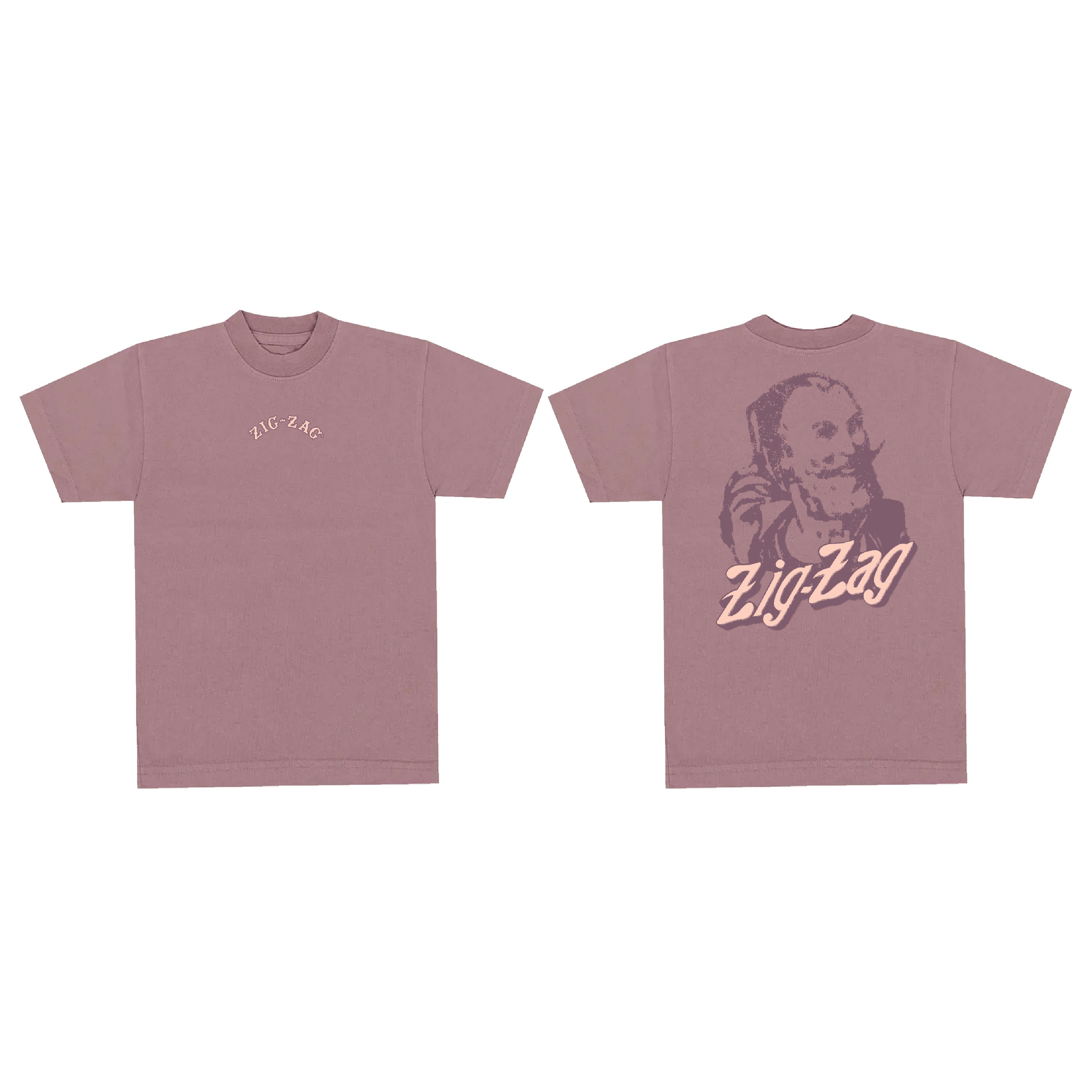 Zig-Zag t-shirt in mauve featuring a small front logo and a large vintage-style graphic design on the back.