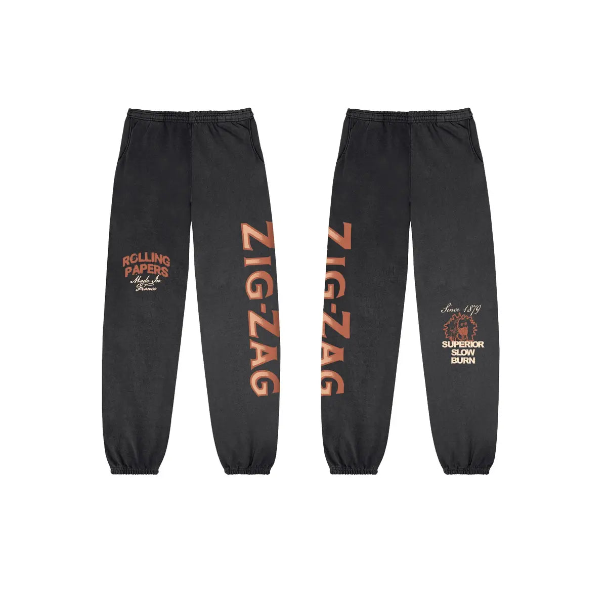 Zig-Zag black sweatpants featuring bold logo text and vintage-inspired designs on both legs.