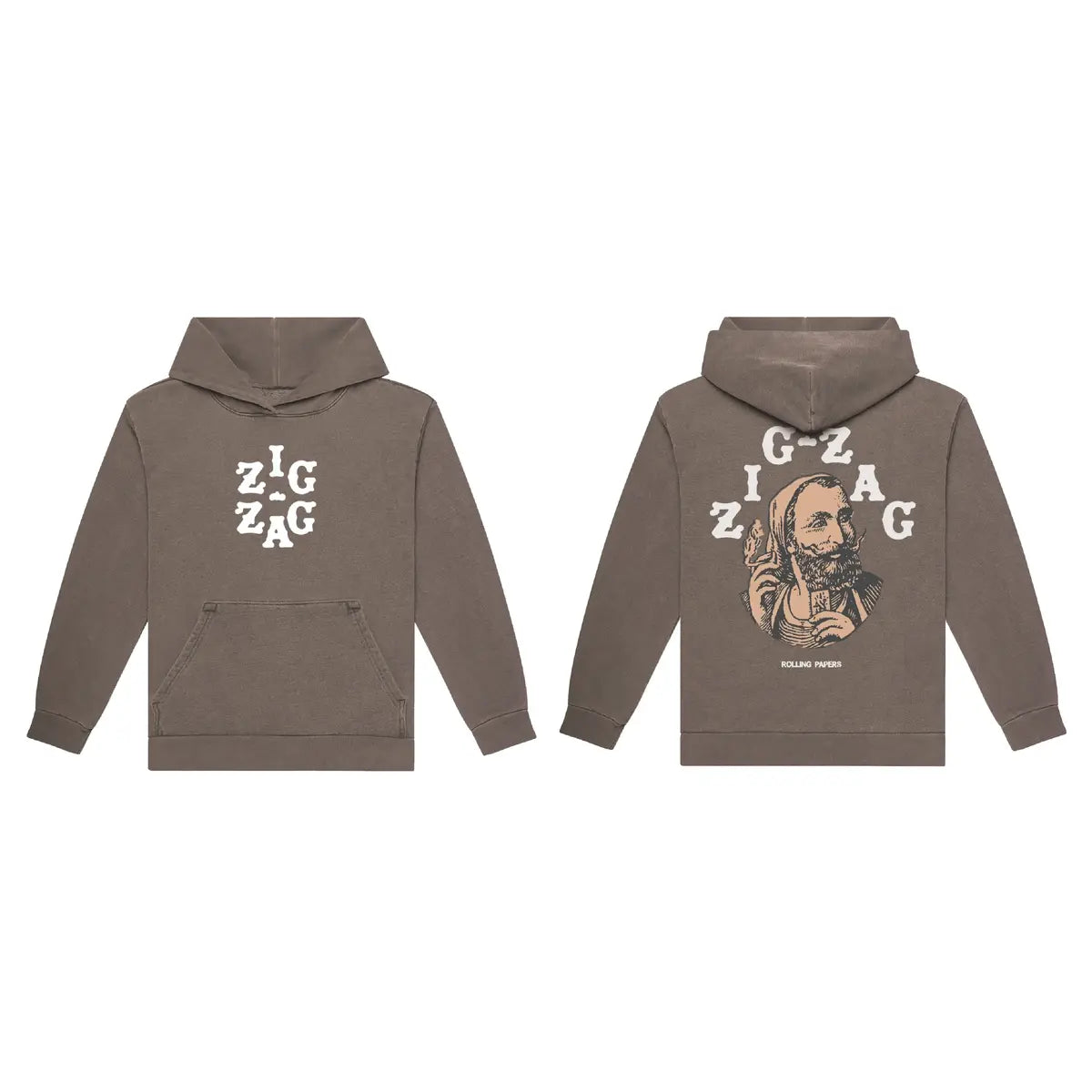Zig-Zag brown hoodie featuring front logo text and back graphic of a man with vintage-style design.