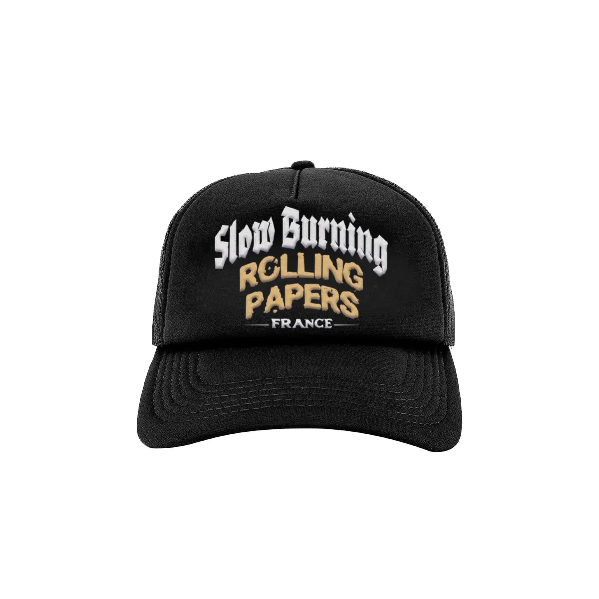 Zig-Zag black trucker hat featuring "Slow Burning Rolling Papers France" embroidered text on the front.