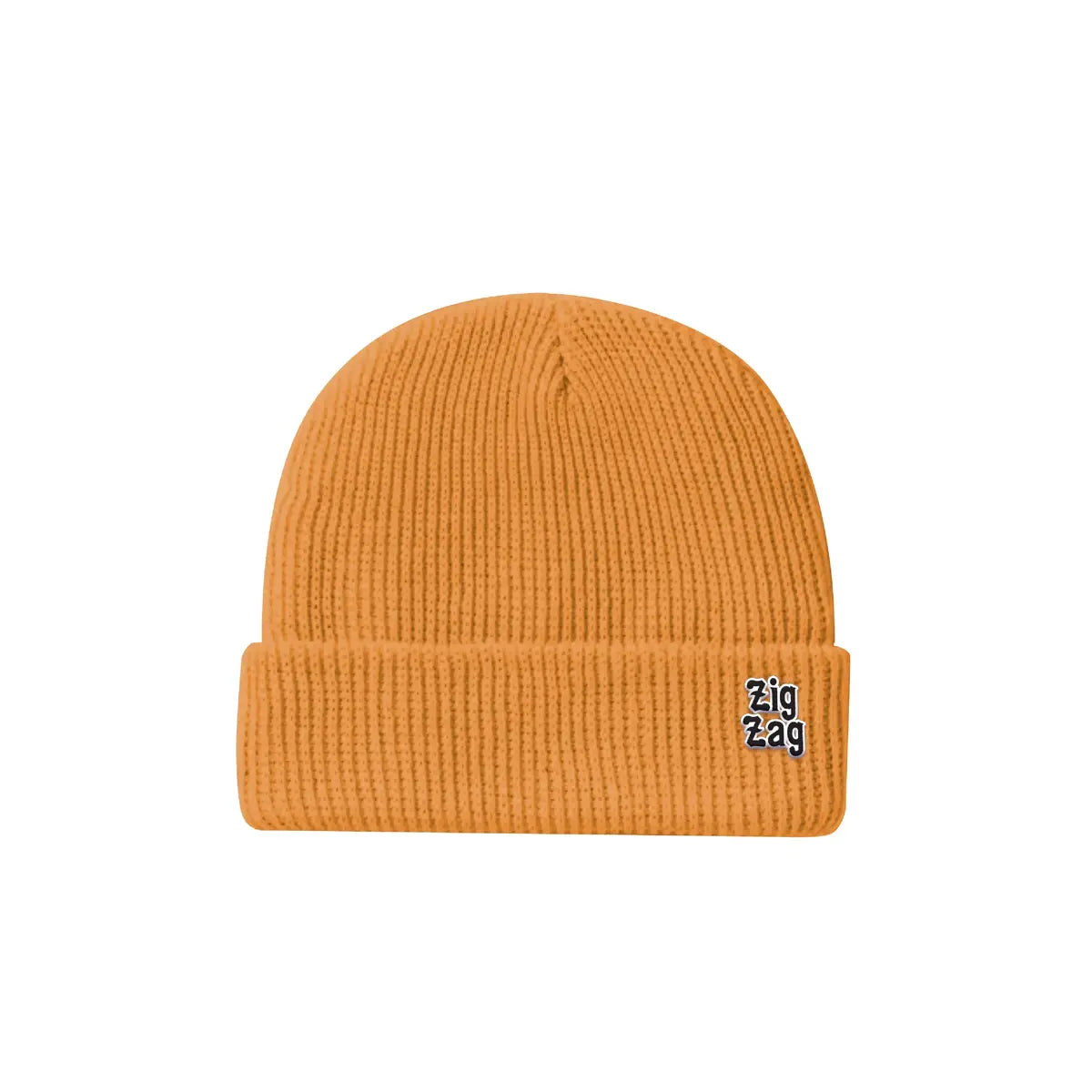 Zig-Zag orange knit beanie with a folded brim and small logo patch.