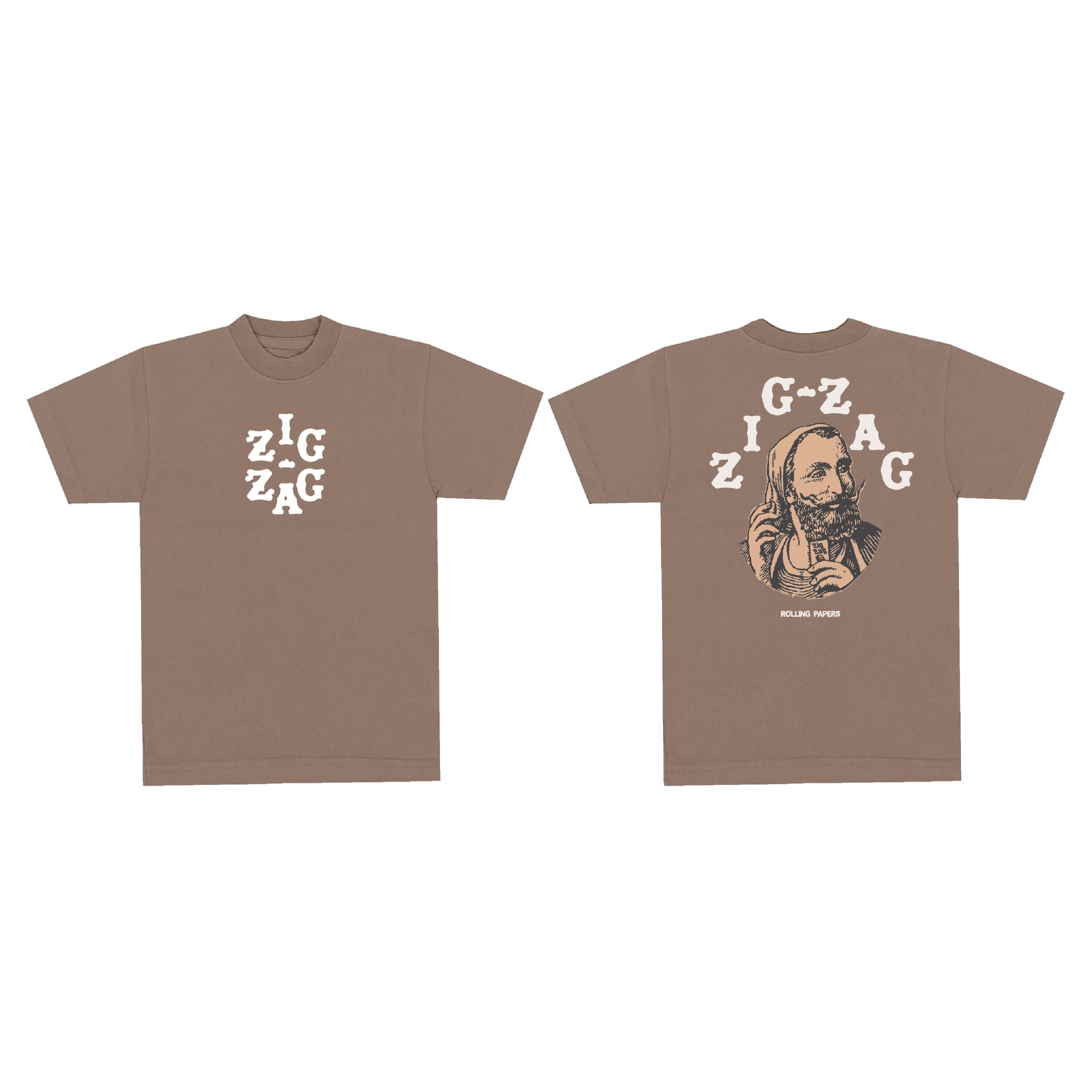 Zig-Zag t-shirt in brown featuring the logo on the front and a large graphic design on the back.