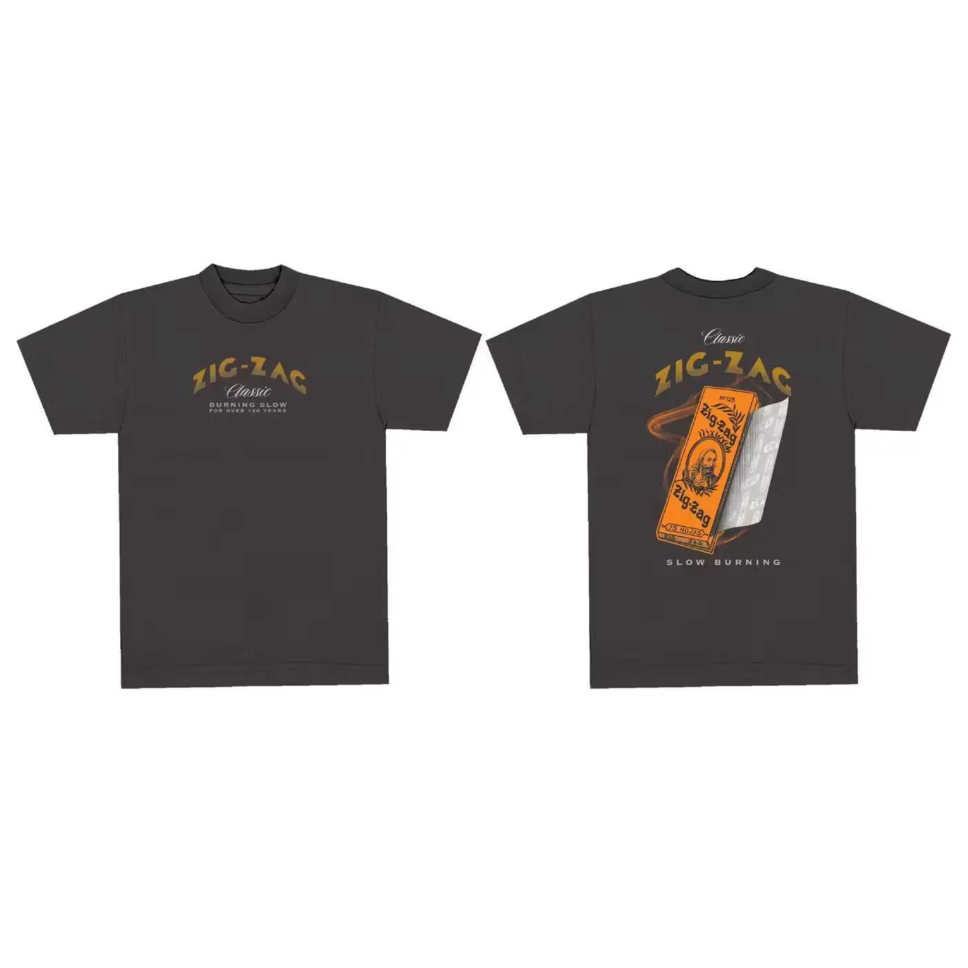 Zig-Zag black T-shirt featuring "Classic Burning Slow" text on the front and a graphic of rolling papers on the back.