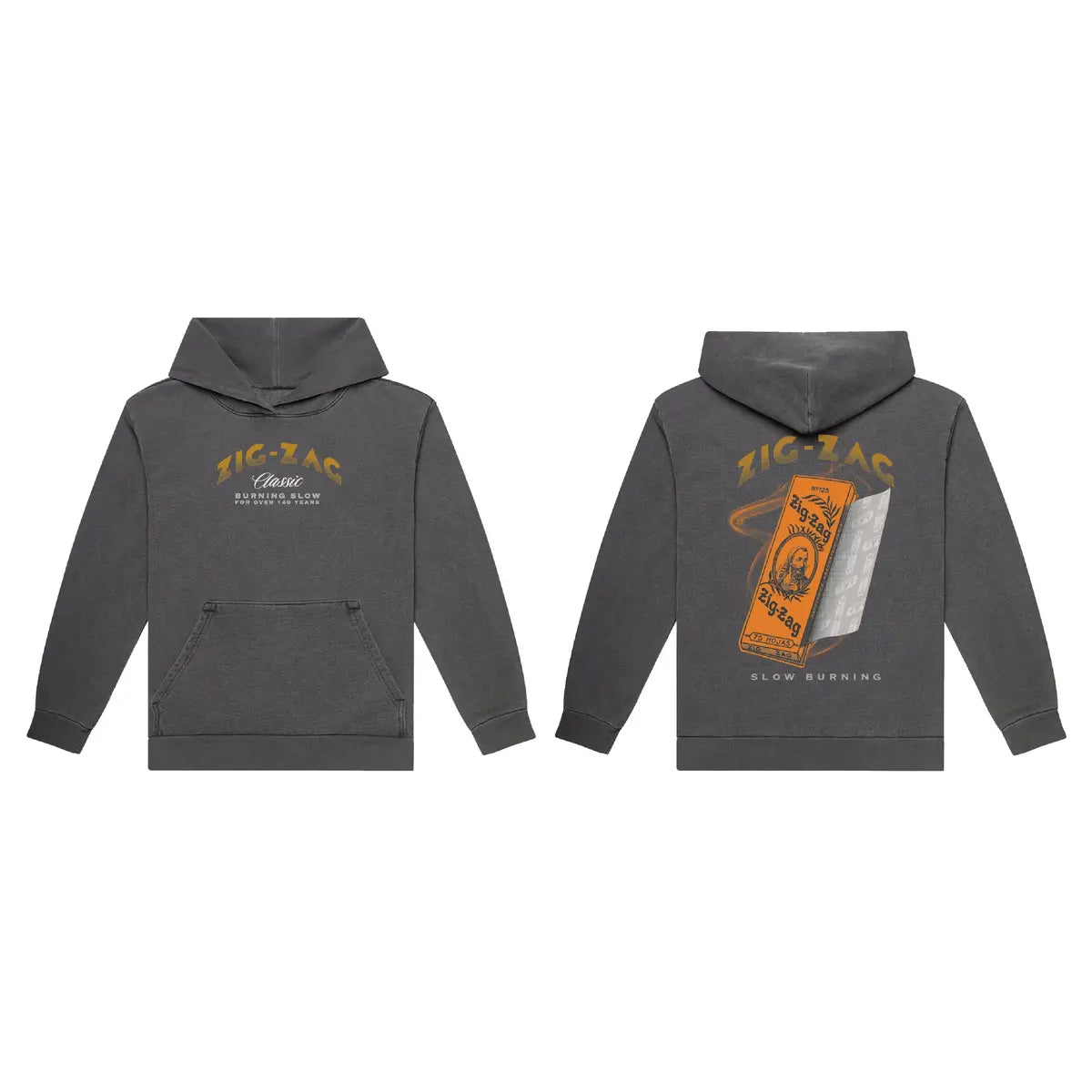 Zig-Zag gray hoodie featuring "Classic Burning Slow" text on the front and a bold rolling papers graphic on the back.