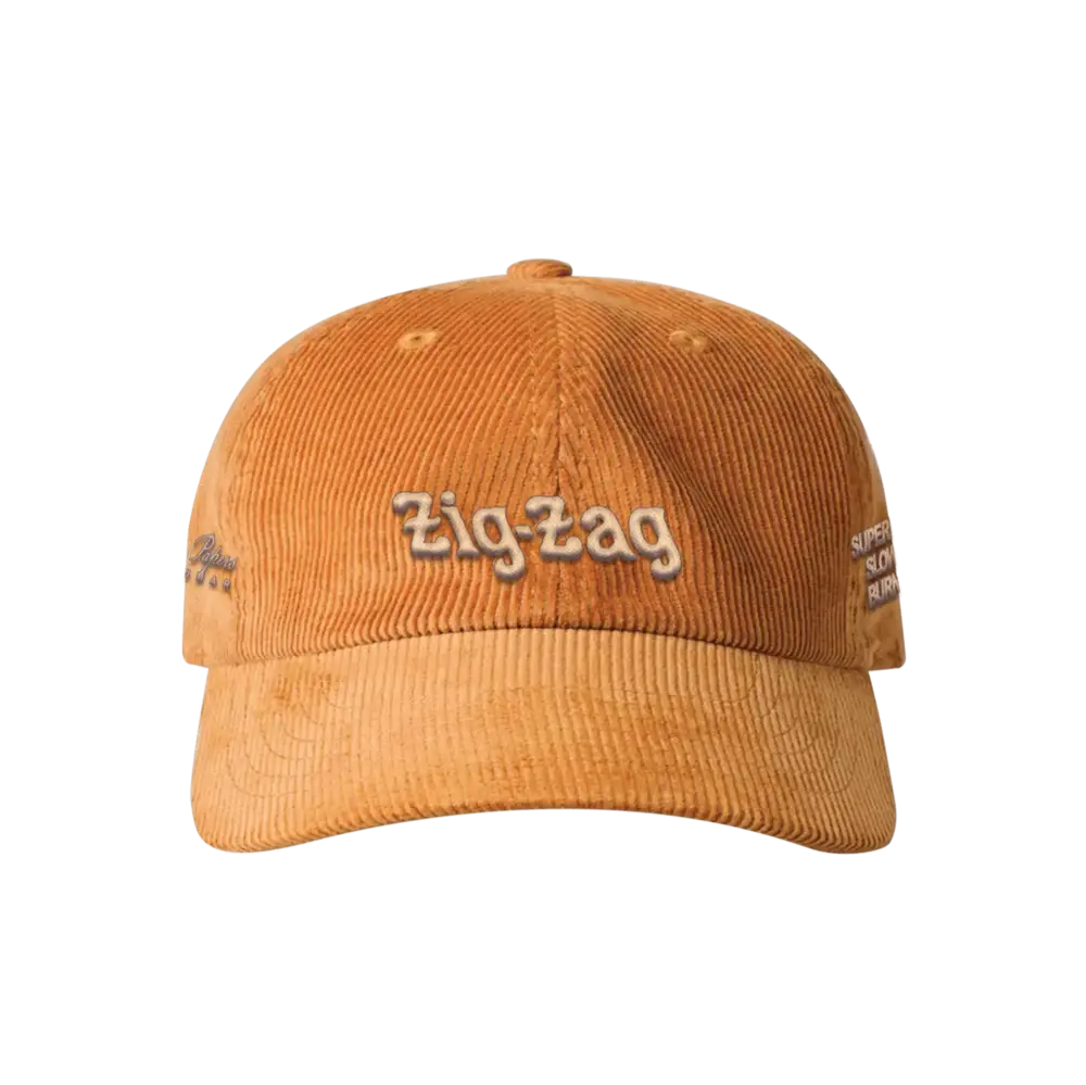 Zig-Zag corduroy cap with embroidered logo in orange-brown color.