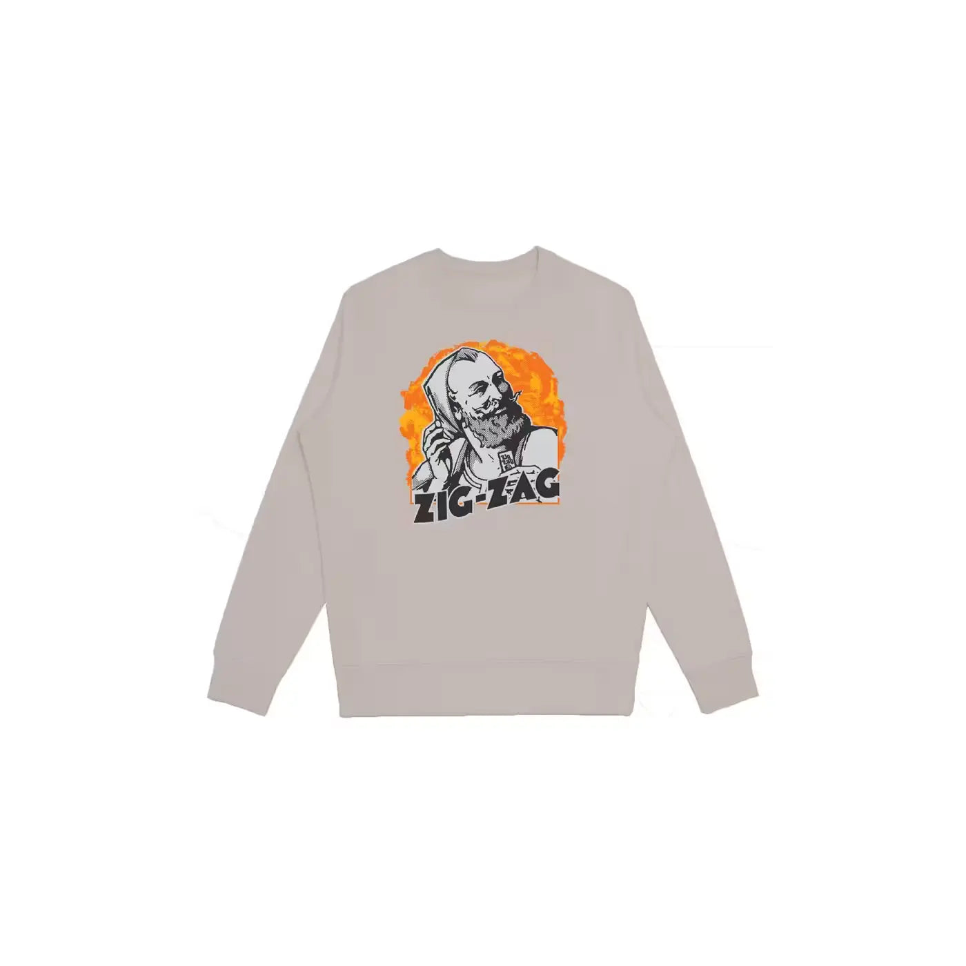 Zig-Zag crew neck sweatshirt in beige featuring a vintage-style graphic of a man with an orange flame background.