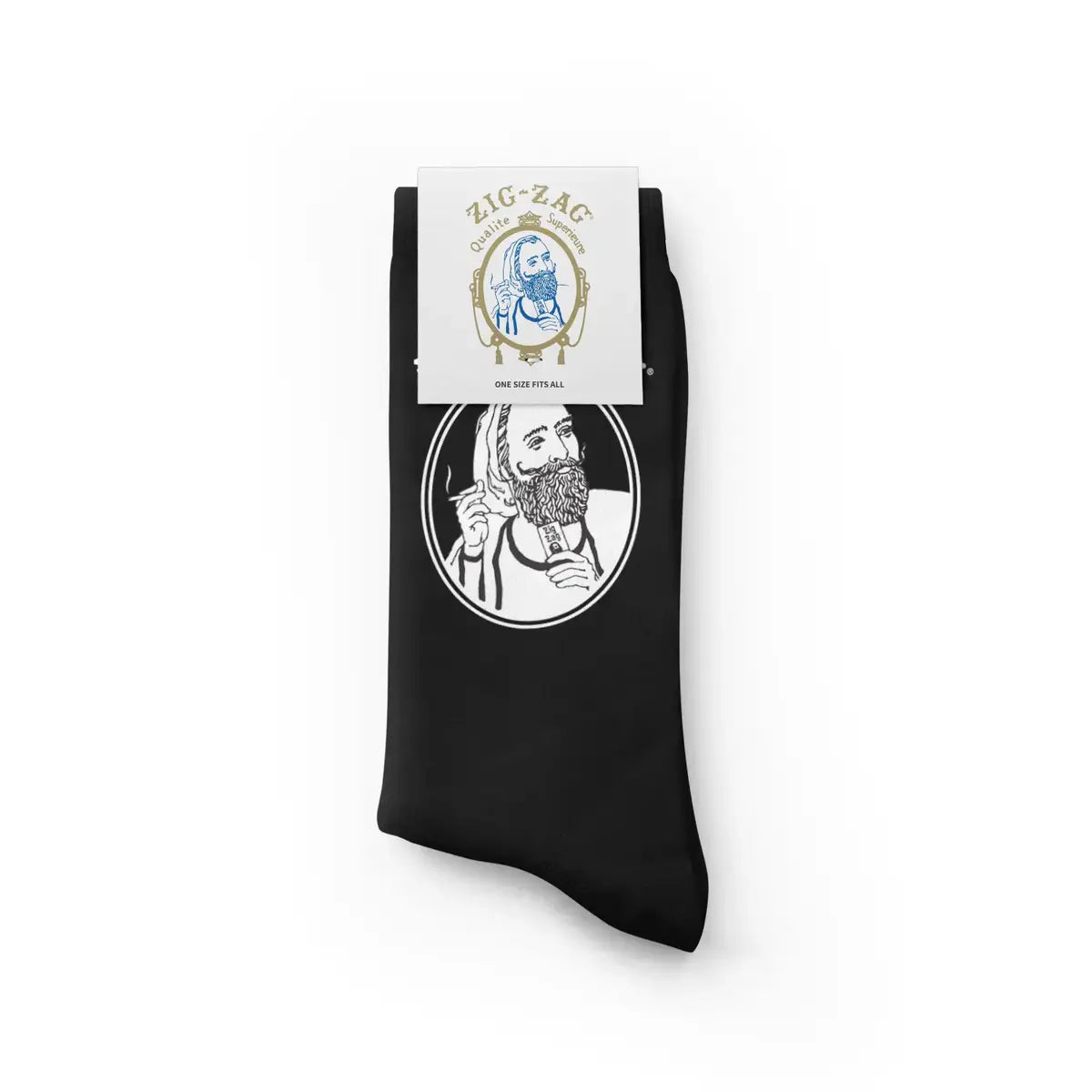 Zig-Zag black socks featuring a white vintage-style logo and "Qualité Supérieure" branding on the packaging.