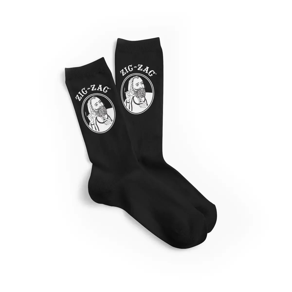 Zig-Zag black socks featuring a white vintage-style logo of a man smoking on both sides.