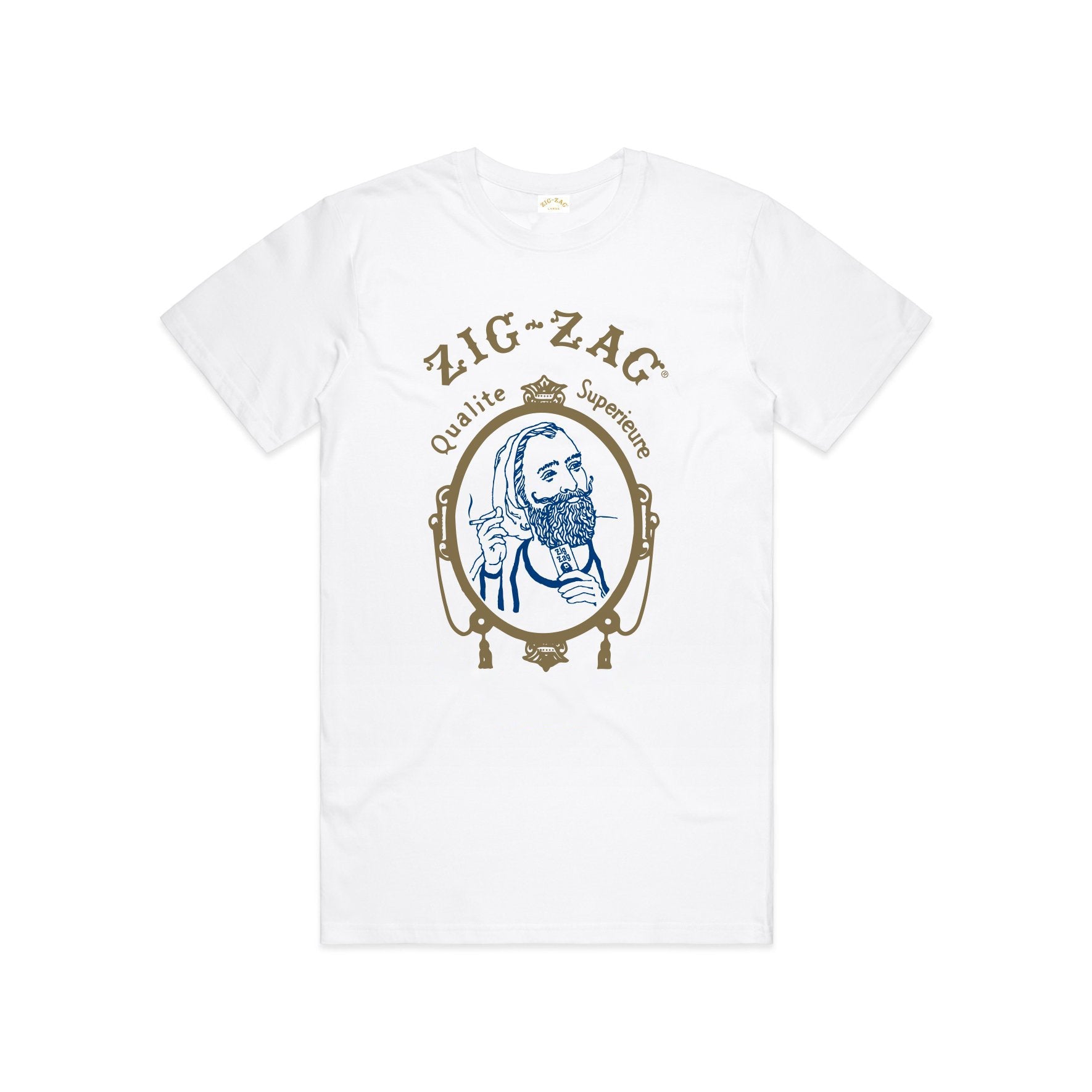 White Zig Zag shirt with vintage-style artwork featuring a blue and gold illustration of a bearded man and French text.