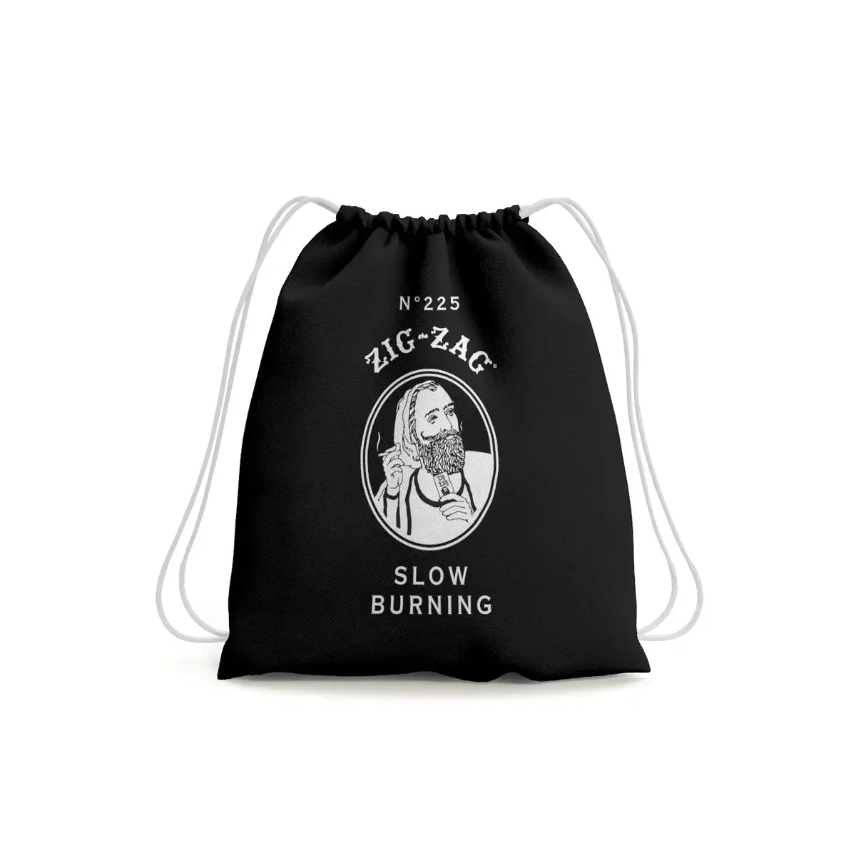 Black drawstring bag featuring the Zig-Zag logo, "N°225," and "Slow Burning" text in white print.