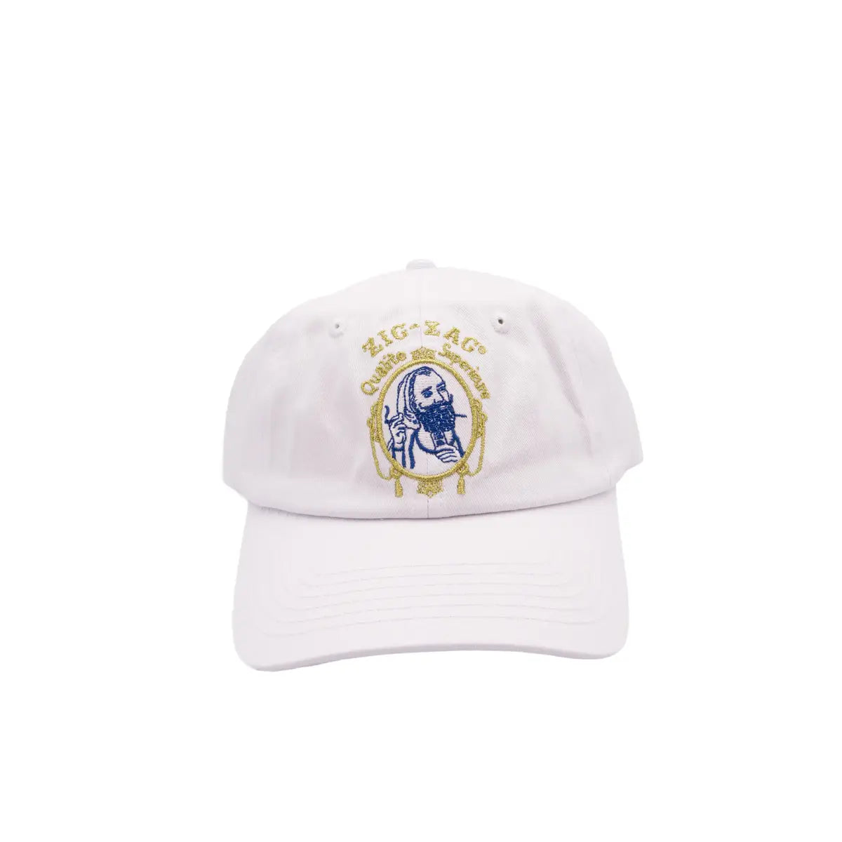 Zig-Zag white cap featuring embroidered blue and gold vintage-style logo and "Qualité Supérieure" text.