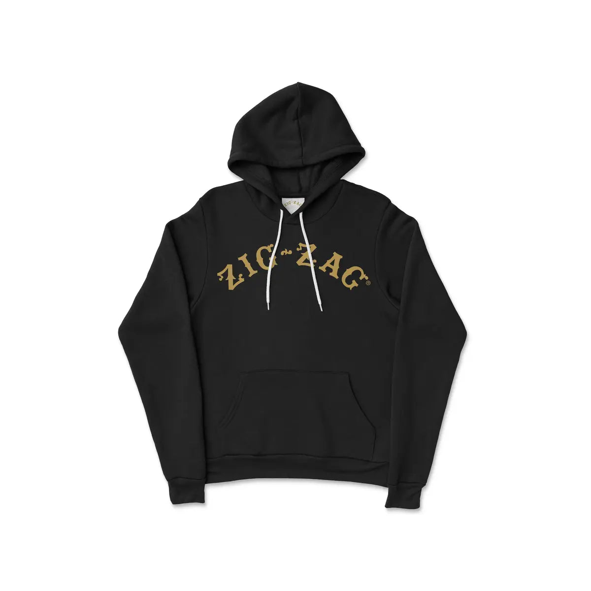 Zig-Zag black hoodie featuring arched logo text in gold on the chest with a drawstring hood and front pocket.