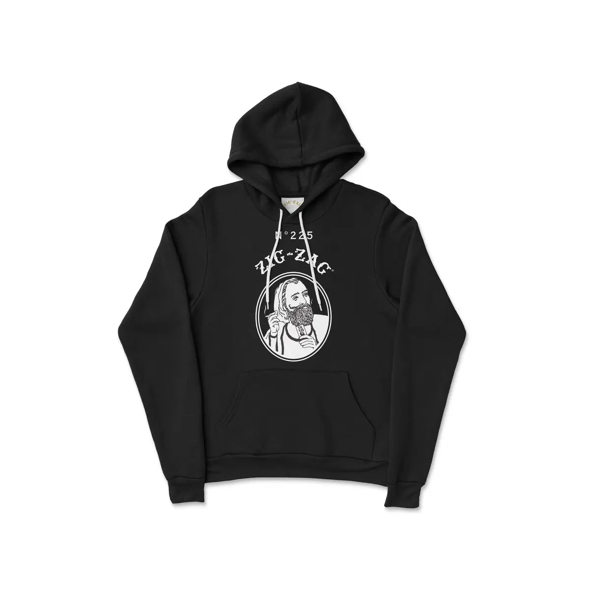 Zig-Zag black hoodie featuring a white vintage-style graphic of a man and logo text on the chest.