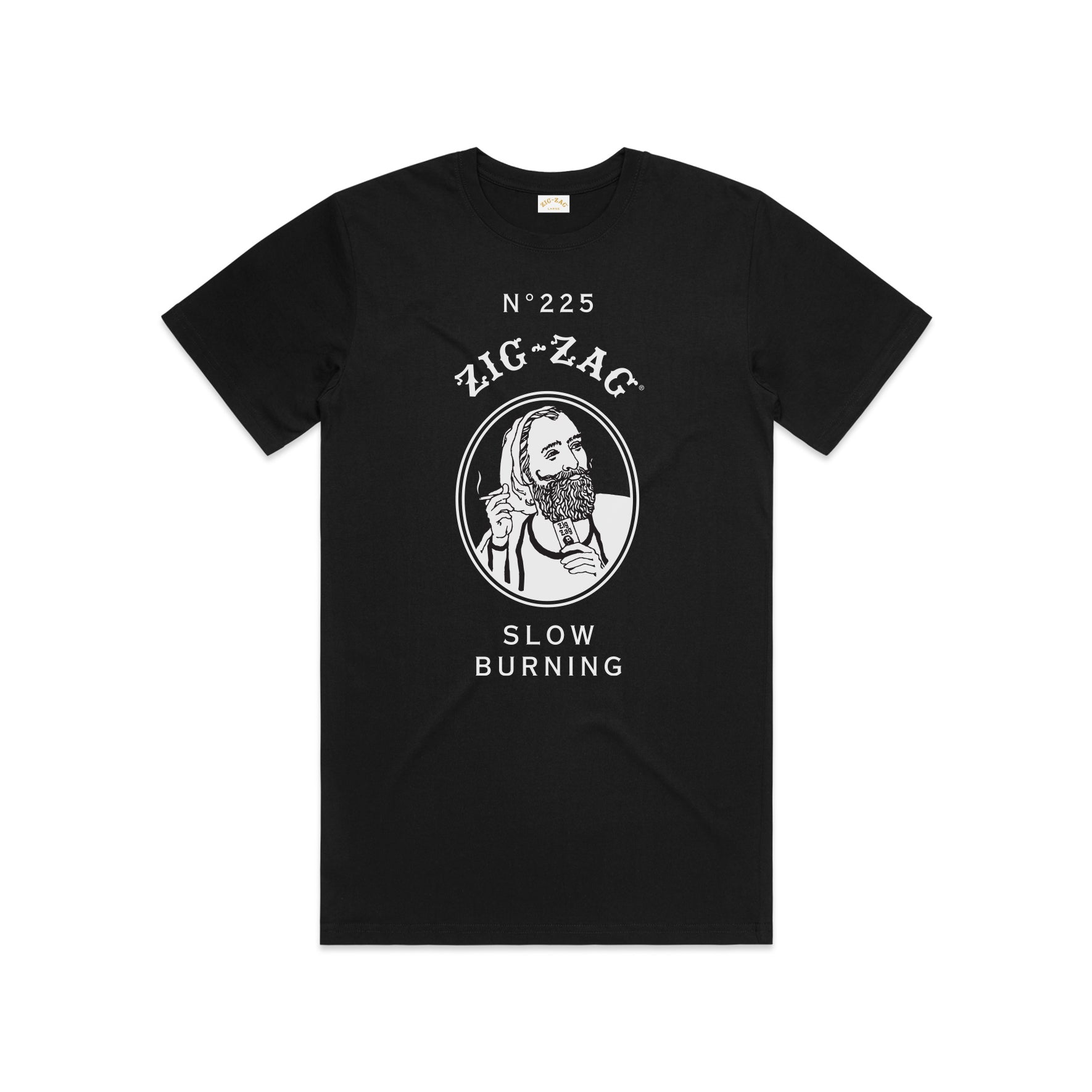Black Zig Zag shirt with a bold white graphic featuring a bearded man and the text “Slow Burning No. 225.”