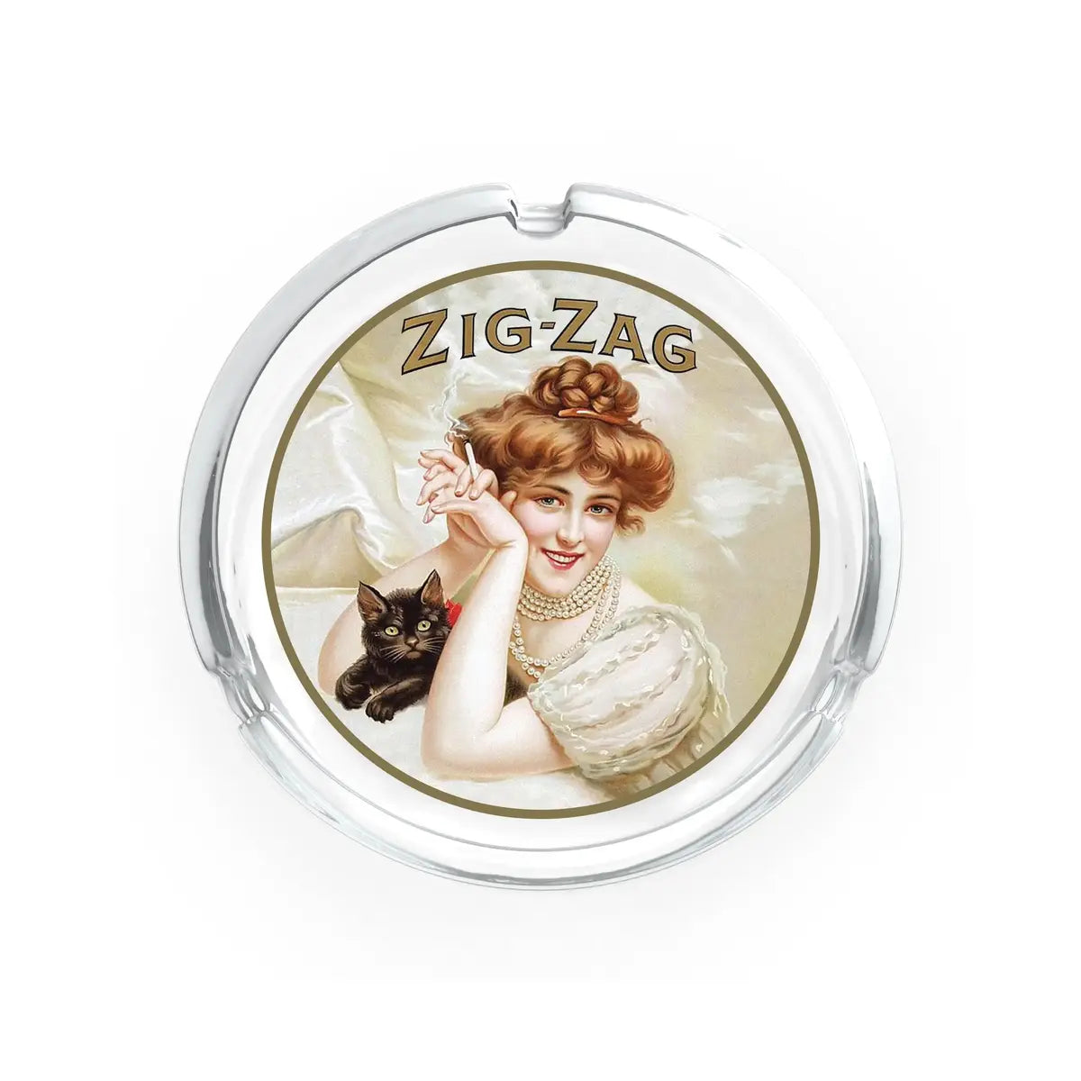 Zig-Zag glass ashtray featuring a vintage-style illustration of a woman with a black cat and elegant design details.