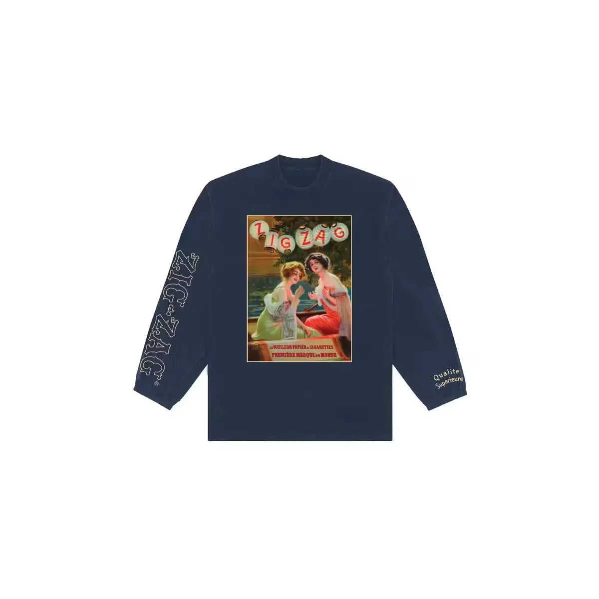 Long-sleeve navy blue shirt featuring vintage Zig-Zag art of two women and branding text on the sleeve