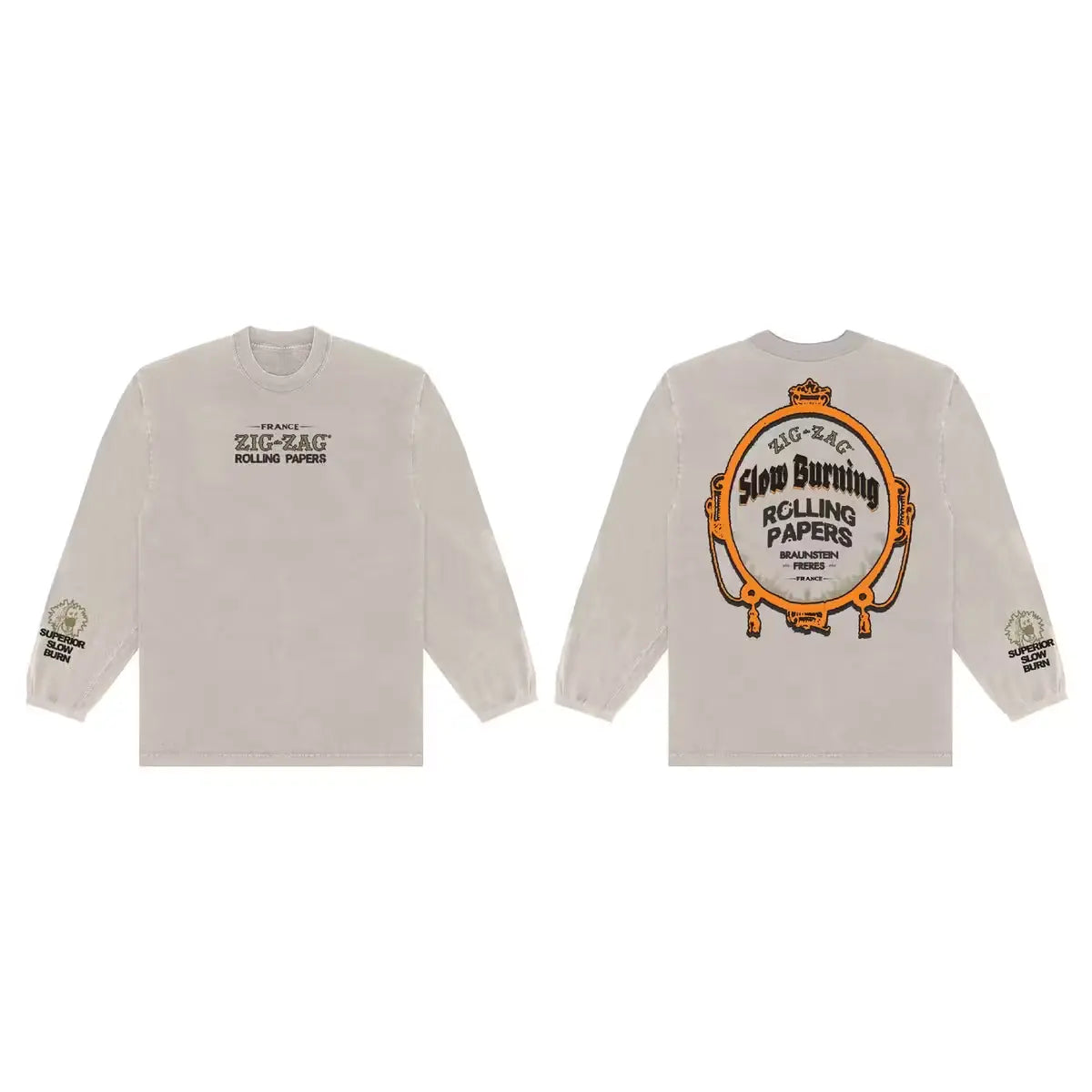 Stone color long-sleeve with a Zig-Zag "Slow Burning Rolling Papers" design on the back and branding on the front
