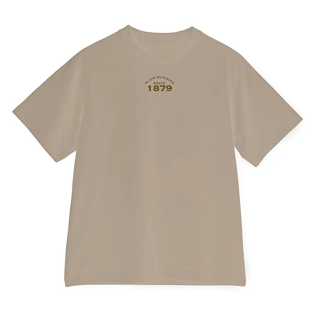 Brown Zig Zag t-shirt with minimalist “Slow Burning Since 1879” text on the front chest.