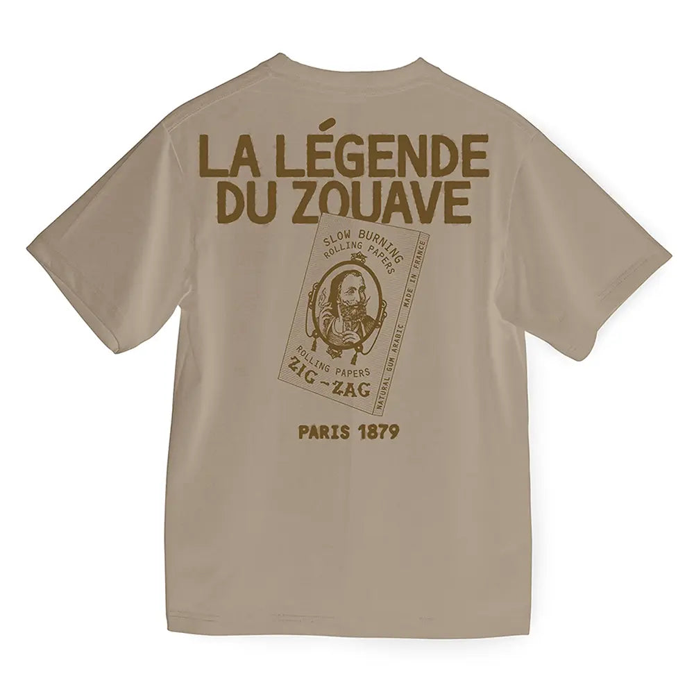 Brown Zig Zag t-shirt featuring vintage-style “La Légende du Zouave” print and 1879 Paris design on the back.