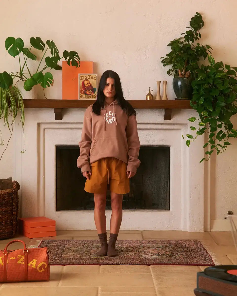 Zig-Zag hoodie worn by a person standing in a stylish room with plants, a fireplace, and branded decor.