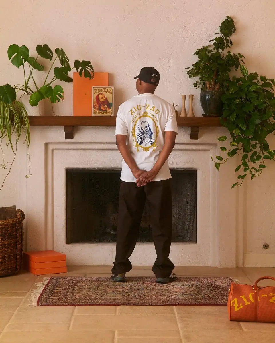 Zig-Zag graphic T-shirt with a vintage design worn by a person in a stylish room with branded decor and plants.