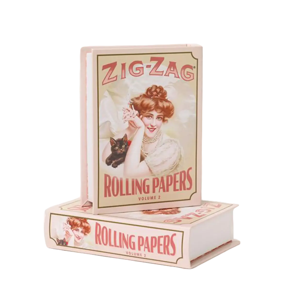 Zig Zag rolling papers stash box designed like a vintage book cover featuring a woman with a cat and classic branding.