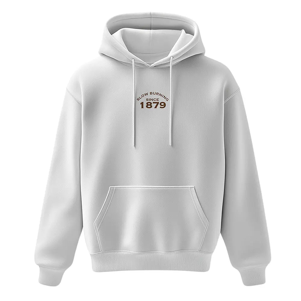 White Zig Zag hoodie with minimalist front design featuring brown text that reads “Slow Burning Since 1879” across the chest.