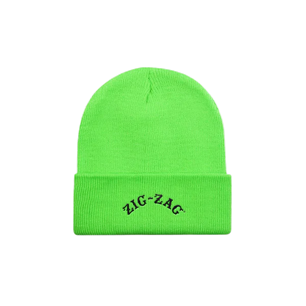 Zig zag beanie in bright green with black embroidered Zig-Zag logo on the front cuff.