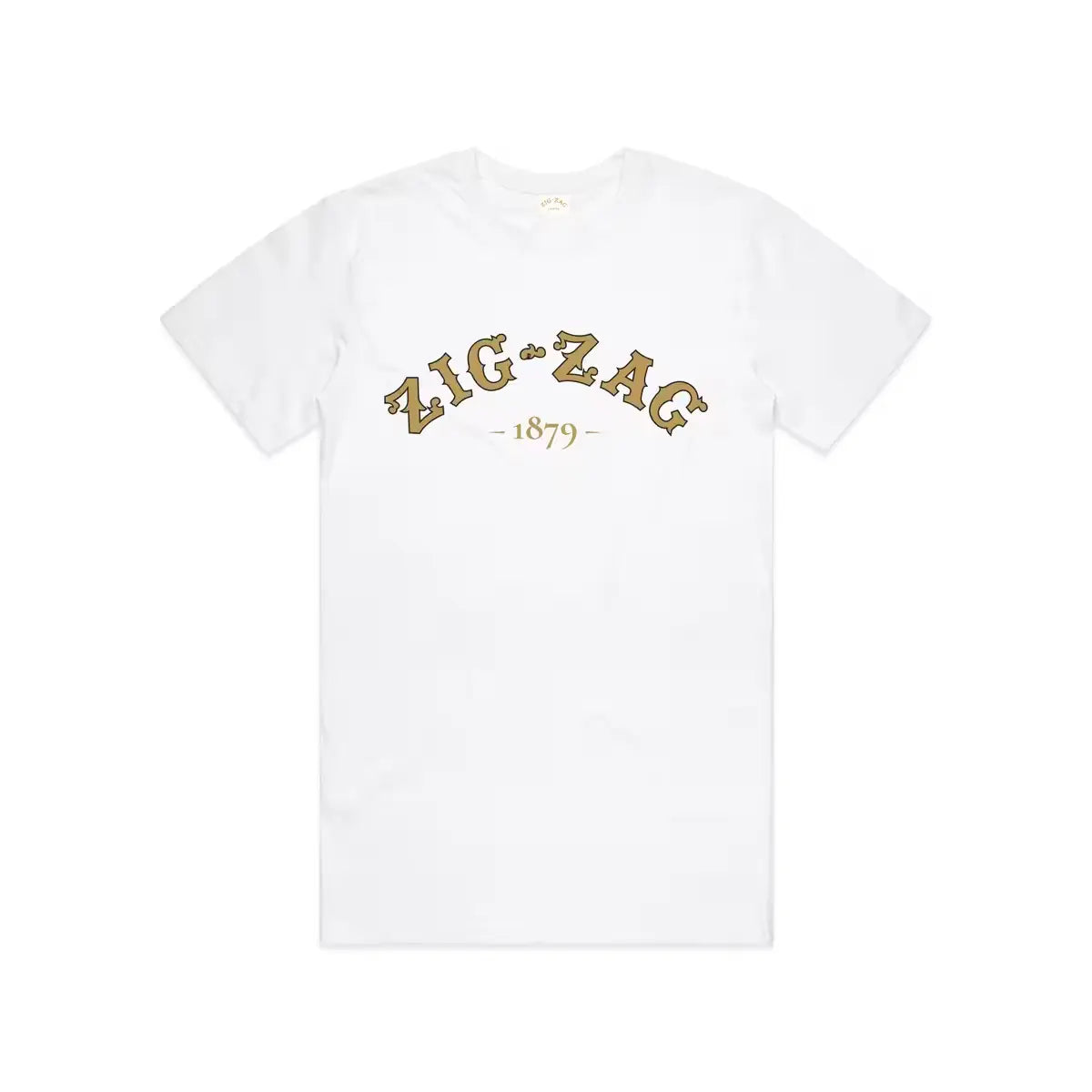 White T-shirt featuring "Zig-Zag 1879" printed in gold lettering across the chest