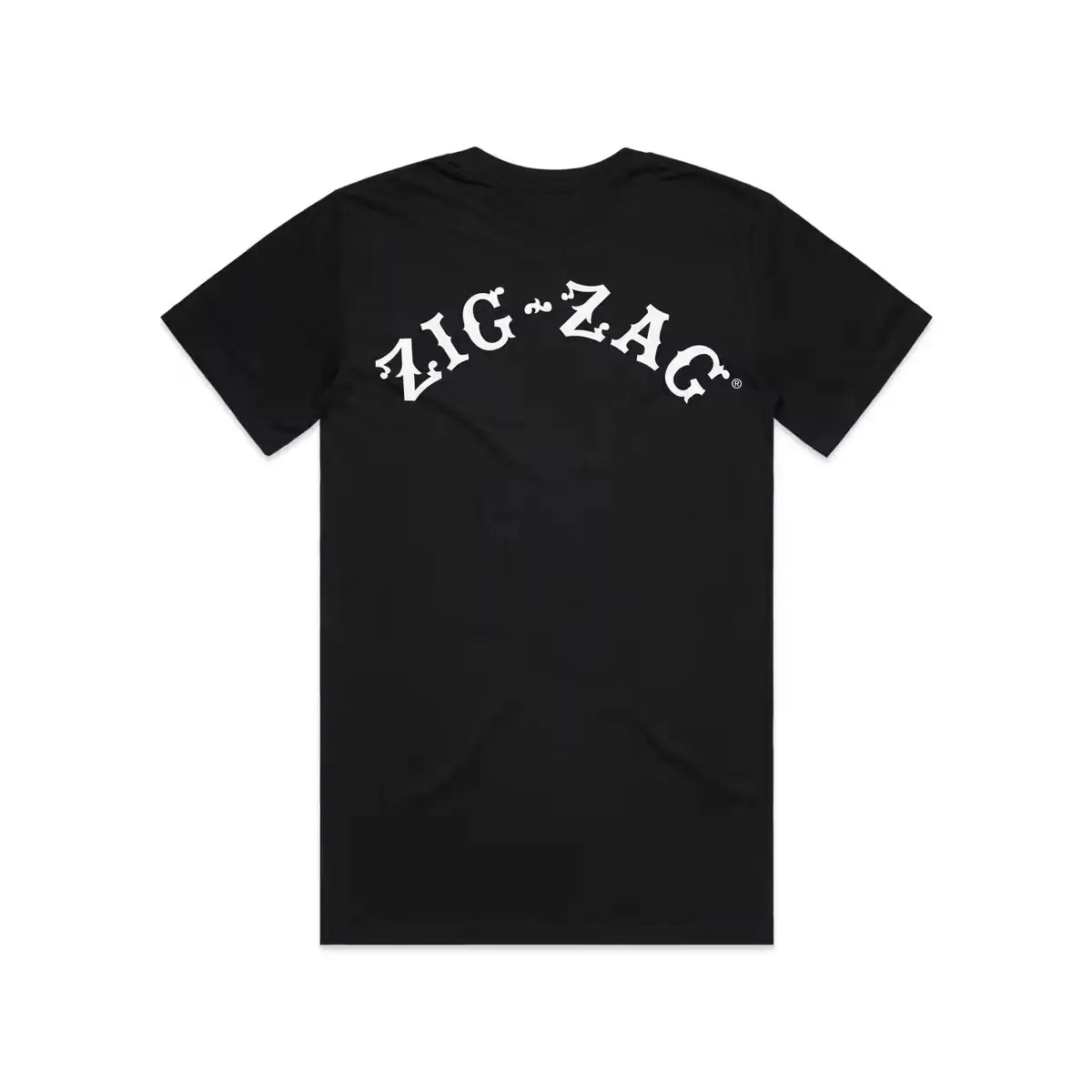 Black T-shirt featuring a large, bold "Zig-Zag" logo in white across the back