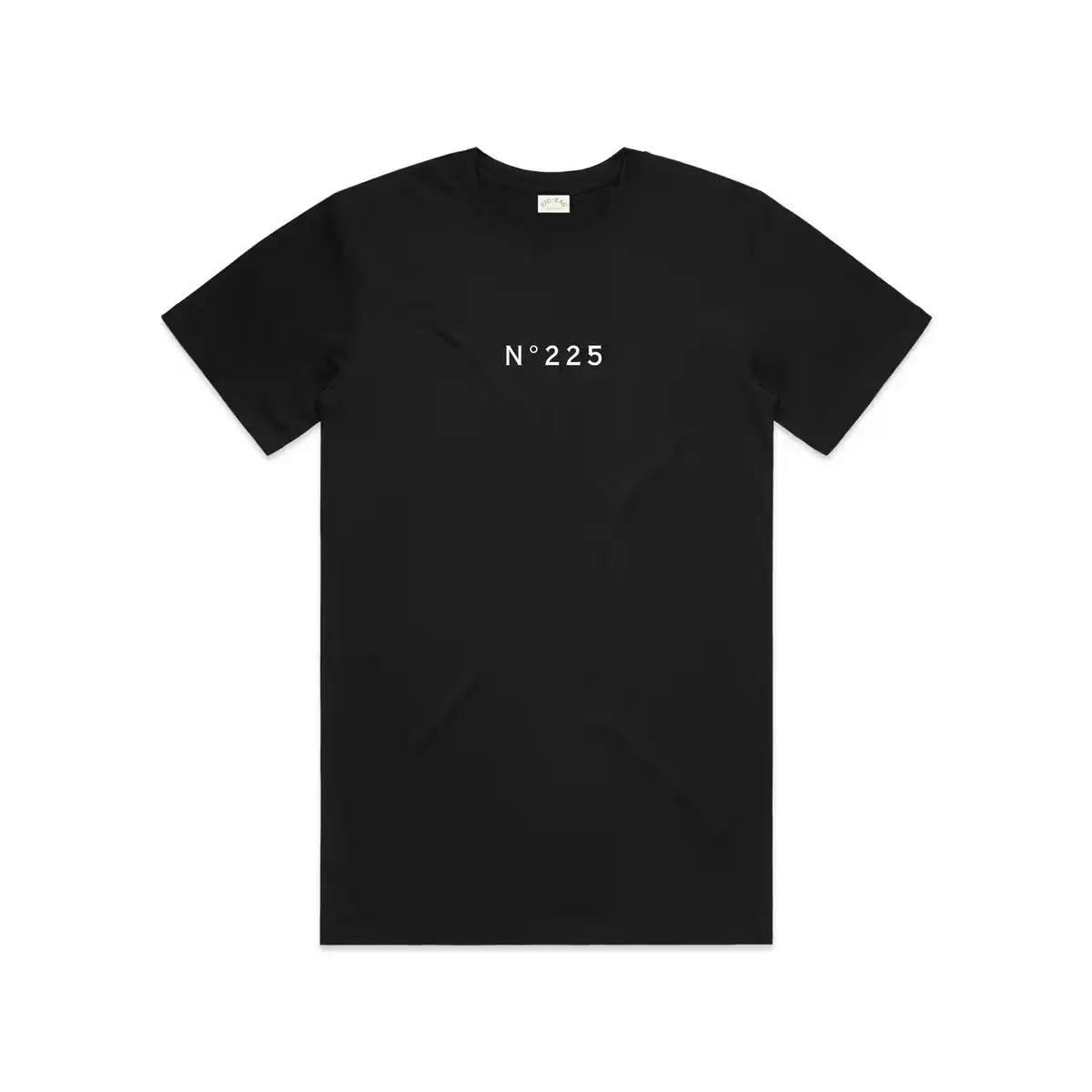 Black T-shirt with "N°225" printed in white on the front