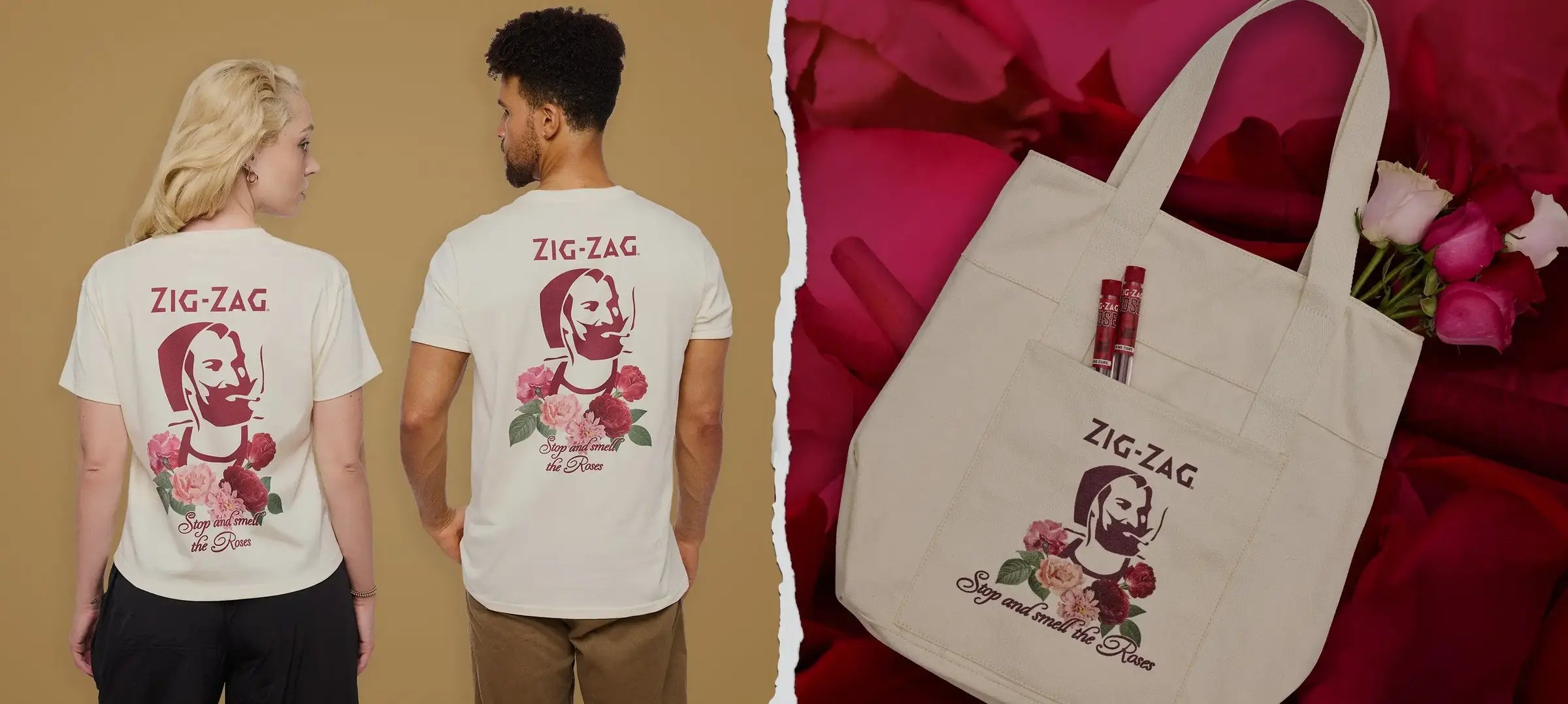 Zig-Zag "Stop and Smell the Roses" graphic on matching cream-colored shirts and tote bag with rose illustrations.