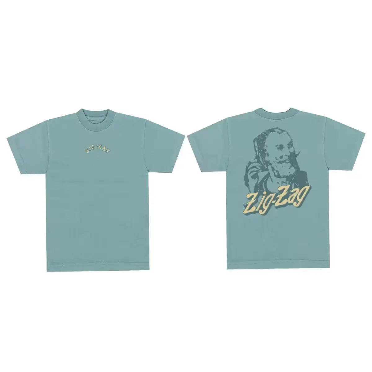 Front and back view of a teal Zig-Zag T-shirt featuring a small front logo and large back graphic of a man