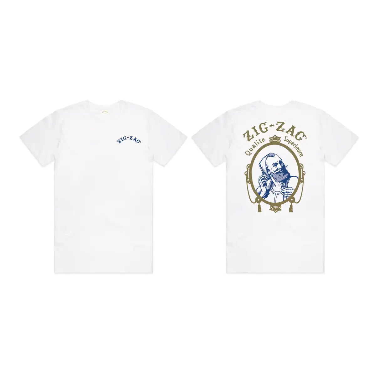 White Zig-Zag t-shirt with a front logo and an ornate back design featuring the iconic figure & "Qualité Supérieure."