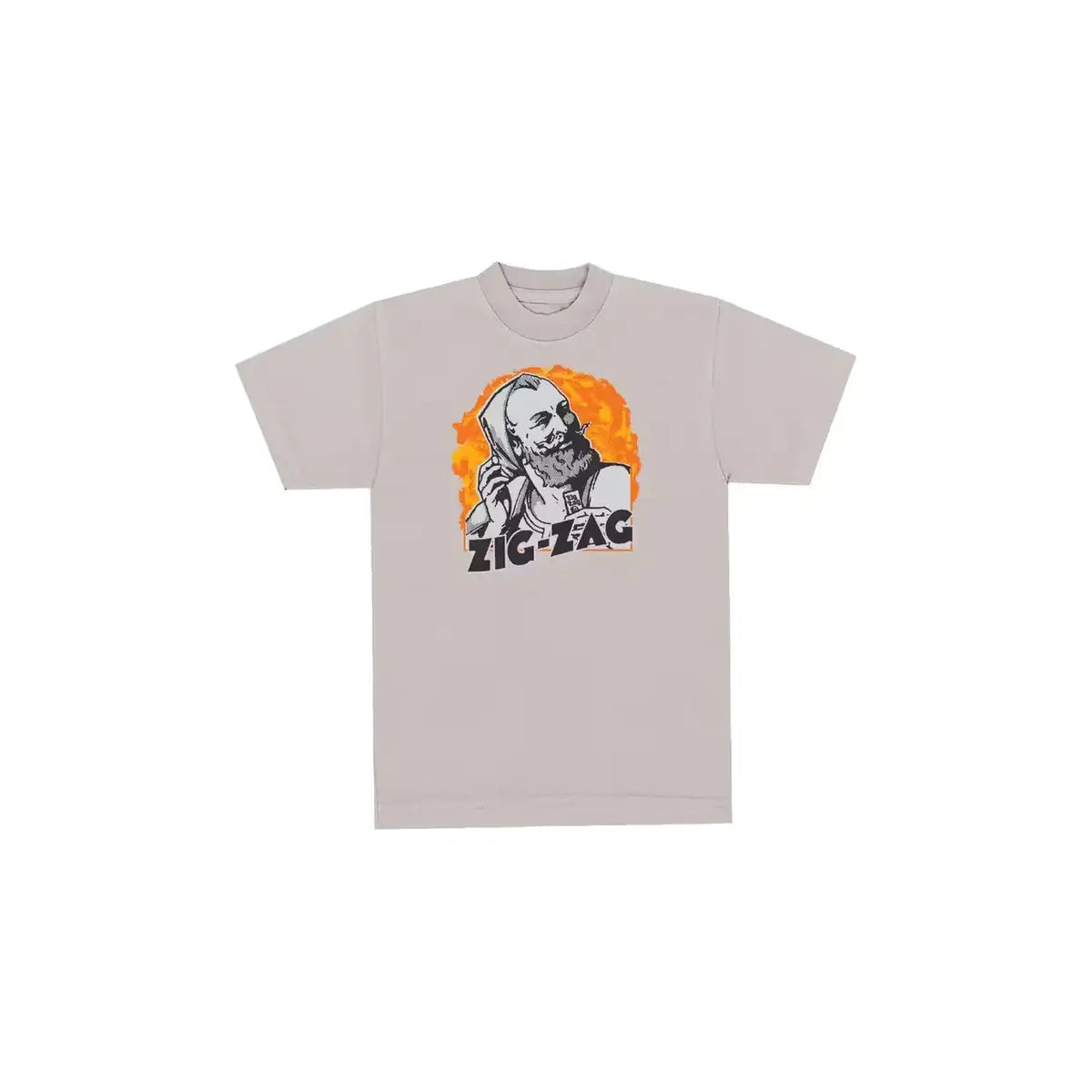 Stone color Zig-Zag t-shirt featuring a vintage illustration of a bearded man with an orange background & the logo text