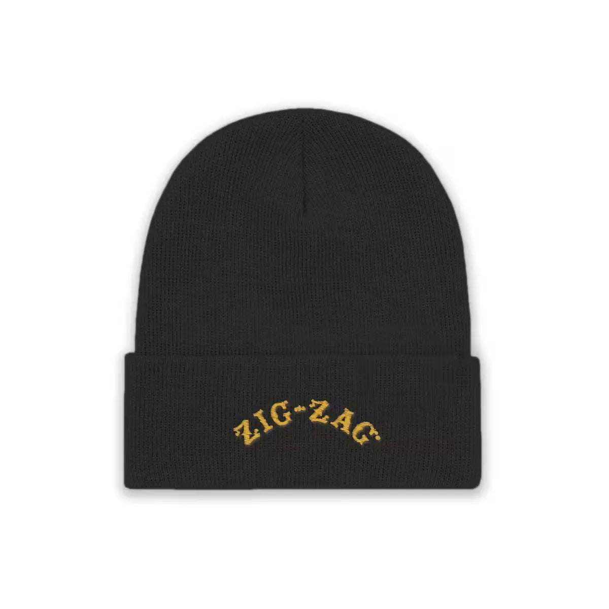 Black beanie with an embroidered "Zig-Zag" logo in gold lettering on the front fold