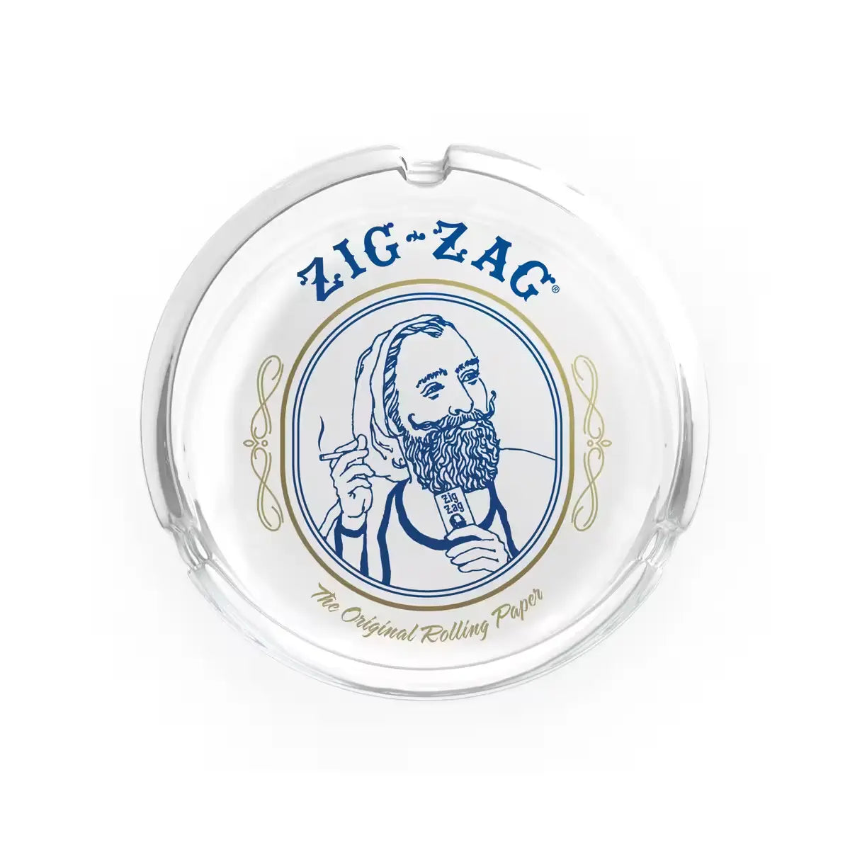 Clear glass ashtray featuring a classic Zig-Zag logo with a bearded man holding rolling papers