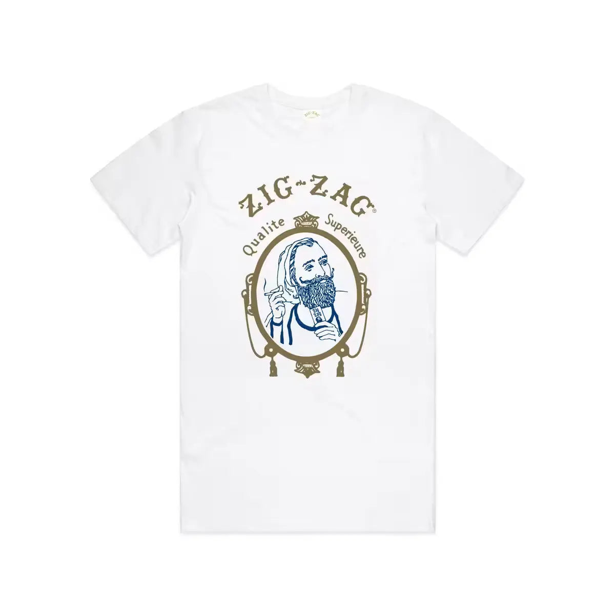 White T-shirt featuring a "Zig-Zag Qualité Supérieure" print with a vintage illustration of a man holding rolling papers