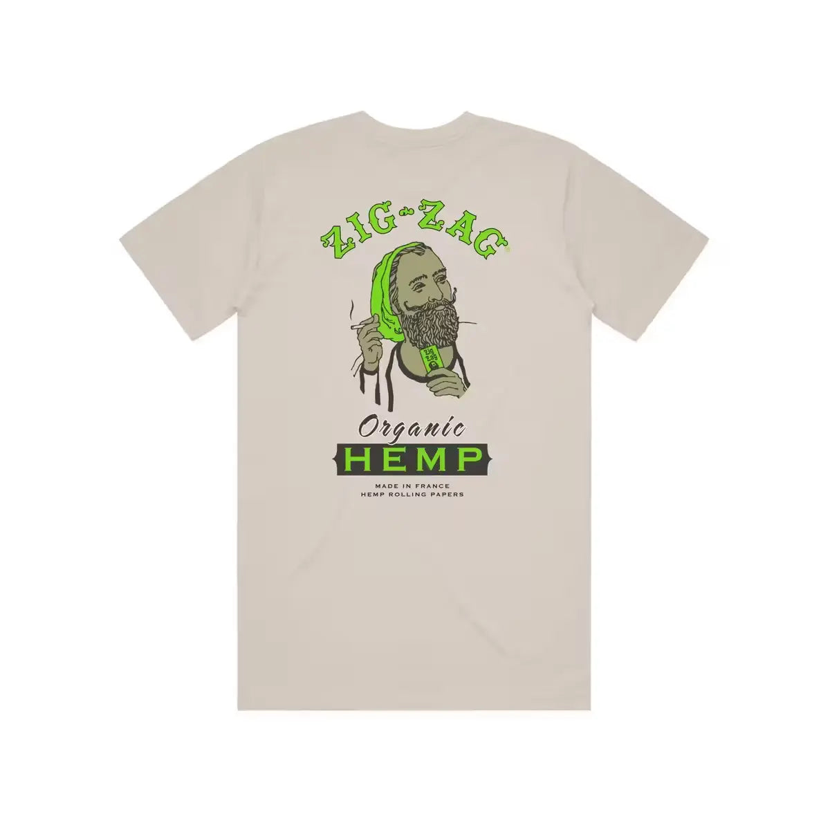 Beige T-shirt with Zig-Zag graphic promoting organic hemp & French-made rolling papers in green and black text