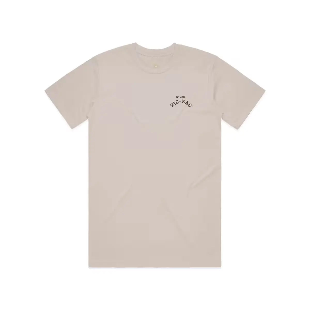 Cream T-shirt with "N° 405 Zig-Zag" printed in small black lettering on the upper left chest