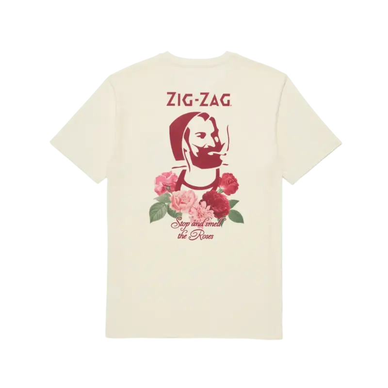 Cream-colored Zig-Zag t-shirt featuring a graphic of a bearded man surrounded by roses with the phrase "Stop and smell the Roses"