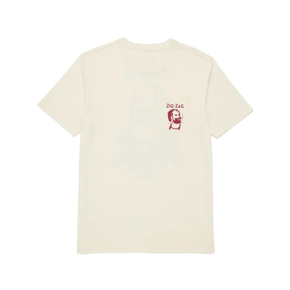 Beige T-shirt for men with a small pocket design featuring a red "Zig-Zag" logo & bearded man illustration