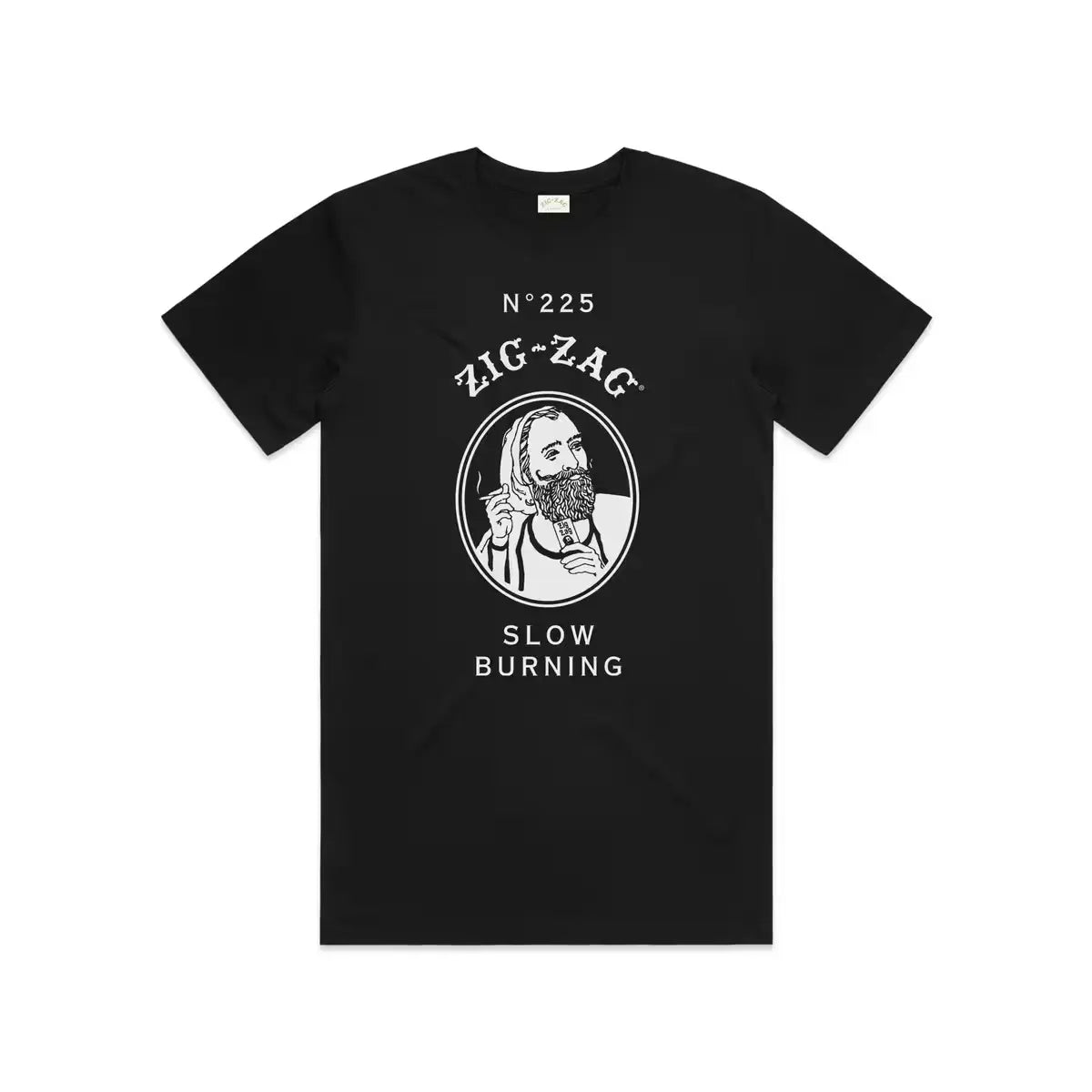 Black T-shirt featuring the Zig-Zag logo with a detailed white illustration of a bearded man & "Slow Burning" text