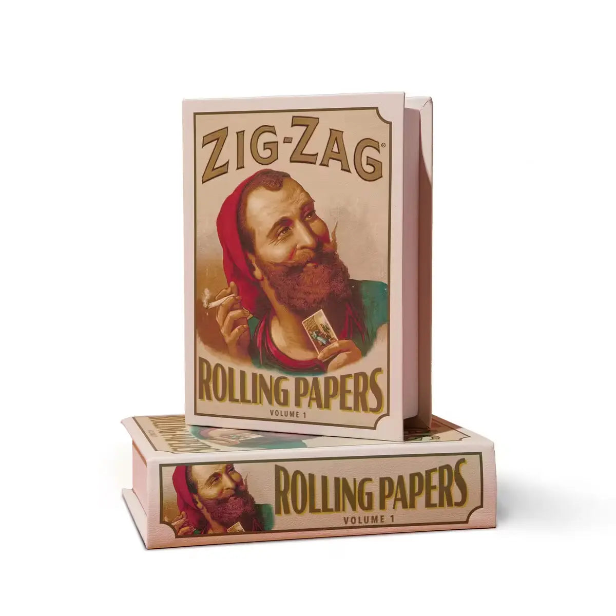 Zig-Zag Rolling Papers book-style packaging featuring a vintage bearded man illustration & "Volume 1" text on the cover