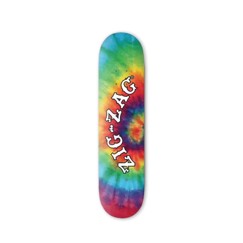 Zig-Zag skateboard deck with a colorful tie-dye design and bold white logo on a black background