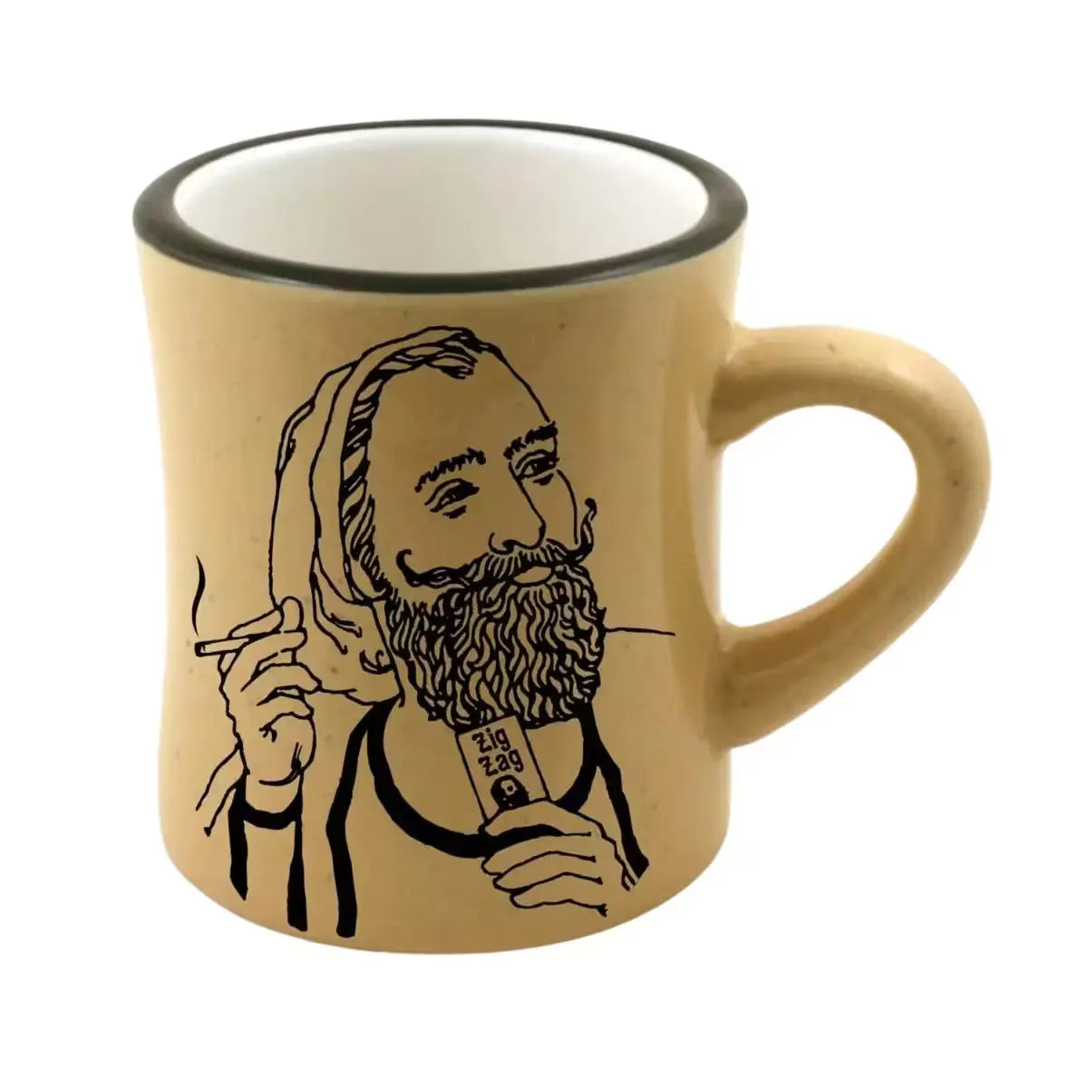 Beige mug featuring the "Zig-Zag" logo with a bearded man illustration holding rolling paper & a cigarette